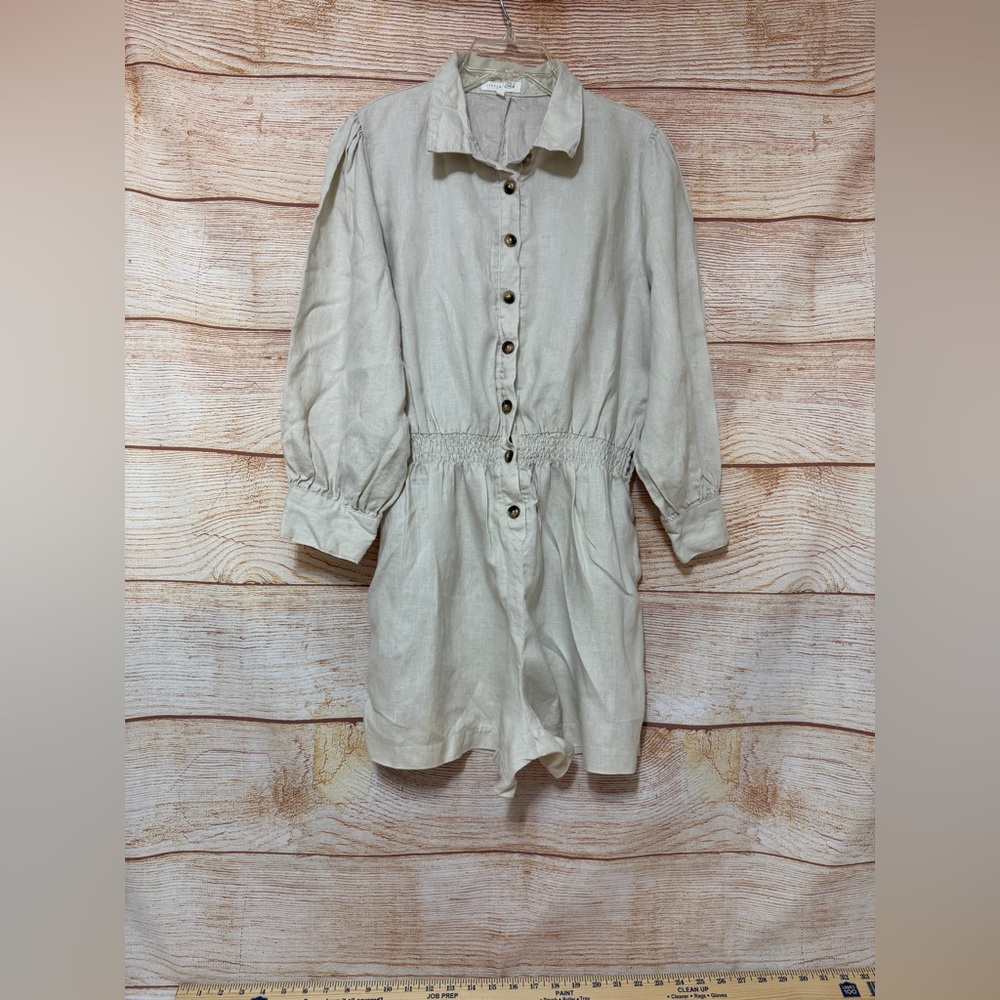 Anthropology Little Lies‎ 100% Linen Button up Romper Long Sleeve Pants Small